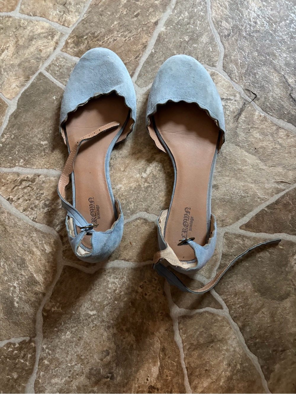 Crown Vintage Light Blue Suede Scalloped Ankle-Strap Flats